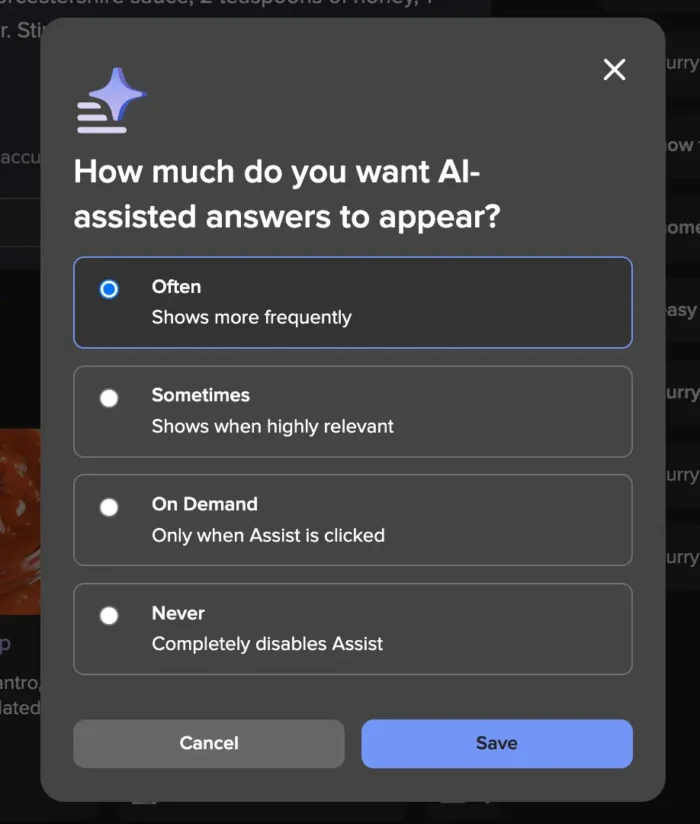 AI settings menu with options for AI-assisted answer frequency: Often, Sometimes, On Demand, Never. Buttons for cancel, save.
